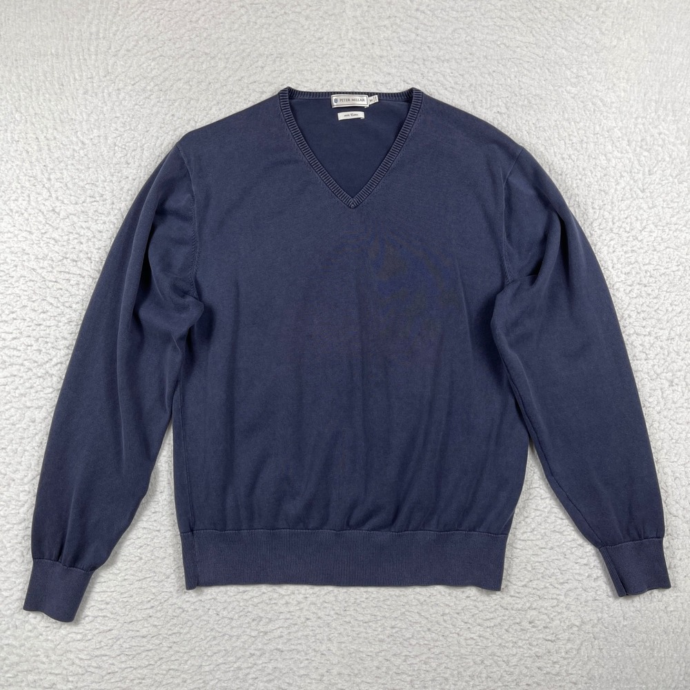 Peter Millar V-Neck Sweater Mens Medium‎ Navy Blue 100% Cotton Ribbed Trim